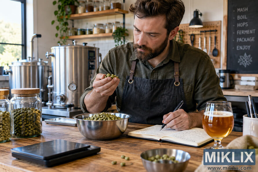 Homebrewer in an apron examining green hop pellets while taking notes in a notebook at a wooden brewing workbench, surrounded by brewing equipment, hop jars, and a glass of amber beer. Homebrewer in an apron examining green hop pellets while taking notes in a notebook at a wooden brewing workbench, surrounded by brewing equipment, hop jars, and a glass of amber beer.