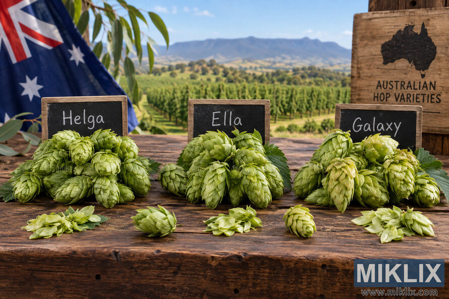 Landscape photograph showing three piles of fresh green Australian hop cones labeled Helga, Ella, and Galaxy on a rustic wooden table, with an Australian countryside, eucalyptus foliage, flag, and mountain range in the background. Landscape photograph showing three piles of fresh green Australian hop cones labeled Helga, Ella, and Galaxy on a rustic wooden table, with an Australian countryside, eucalyptus foliage, flag, and mountain range in the background.