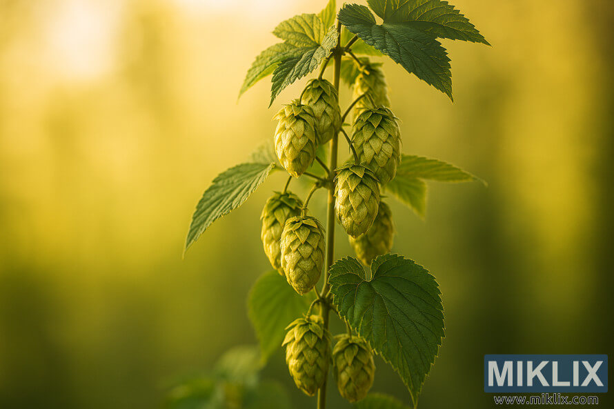 Close-up saka Janus hop cones lan godhong dipadhangi dening suryo srengenge emas anget karo latar mburi alam burem. Close-up saka Janus hop cones lan godhong dipadhangi dening suryo srengenge emas anget karo latar mburi alam burem.