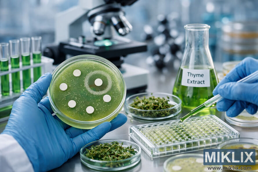 A gloved researcher holds a Petri dish showing inhibition zones from thyme extract antibacterial testing, surrounded by laboratory glassware and green solutions. A gloved researcher holds a Petri dish showing inhibition zones from thyme extract antibacterial testing, surrounded by laboratory glassware and green solutions.