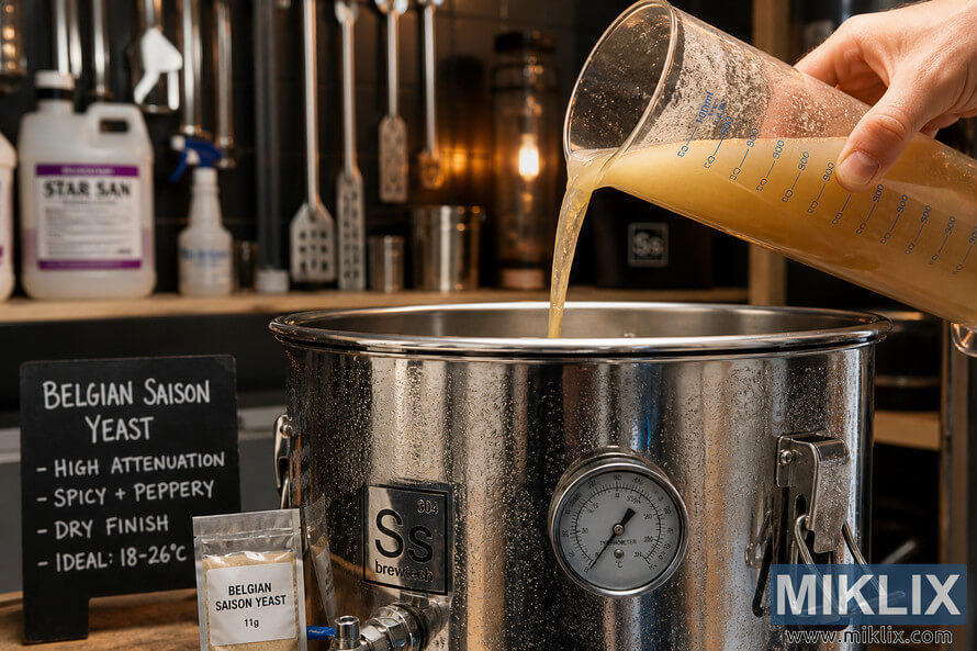 Close-up of hazy yeast starter culture being poured from a transparent measuring cylinder into a stainless steel fermenter in a modern home brewing setup with warm lighting and brewing tools in the background. Close-up of hazy yeast starter culture being poured from a transparent measuring cylinder into a stainless steel fermenter in a modern home brewing setup with warm lighting and brewing tools in the background.