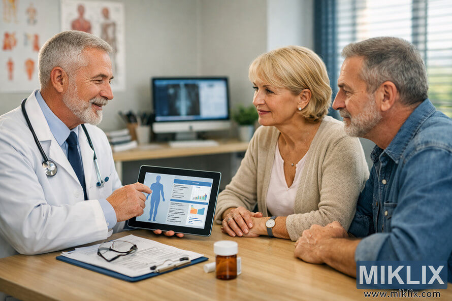 A doctor in a white lab coat consults with an older couple in a bright medical office, showing health data on a tablet while discussing informed decisions.