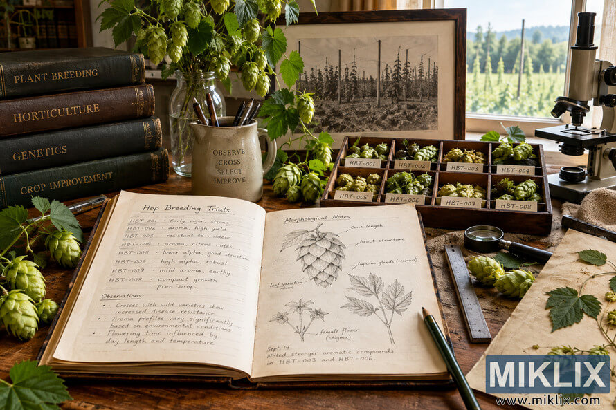 Historical-style hop breeding research workspace with an open handwritten trial notebook, botanical hop illustrations, labeled cone specimens, plant-breeding books, microscope, ruler, magnifying glass, pressed leaves, fresh hop bines, an archival field photograph, and a sunlit hop field visible through the window. Historical-style hop breeding research workspace with an open handwritten trial notebook, botanical hop illustrations, labeled cone specimens, plant-breeding books, microscope, ruler, magnifying glass, pressed leaves, fresh hop bines, an archival field photograph, and a sunlit hop field visible through the window.