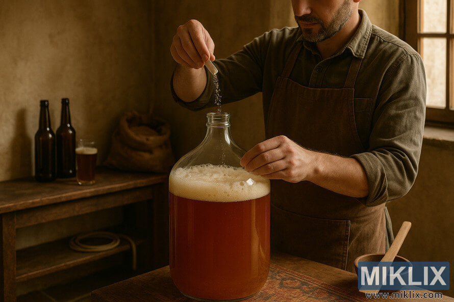 A homebrewer in a rustic European setting pitches dry yeast into a glass carboy filled with amber wort, preparing for fermentation. A homebrewer in a rustic European setting pitches dry yeast into a glass carboy filled with amber wort, preparing for fermentation.