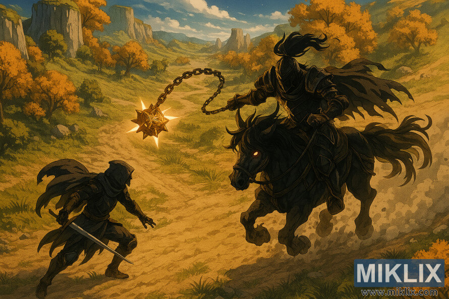 Anime-style fan art showing the Tarnished fighting the Night's Cavalry on horseback from an elevated isometric view.