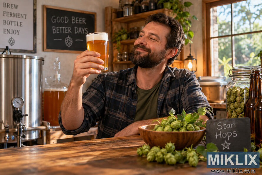 Homebrewer in a warm rustic brew room holding up a glass of golden beer beside fresh green Star Hops, brewing equipment, fermentation vessels, and an unbranded bottle. Homebrewer in a warm rustic brew room holding up a glass of golden beer beside fresh green Star Hops, brewing equipment, fermentation vessels, and an unbranded bottle.