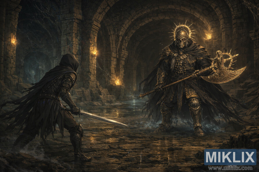 Dark fantasy illustration of the Tarnished holding a sword facing a skull-faced Death Knight with a golden axe in a torch-lit catacomb corridor just before battle.