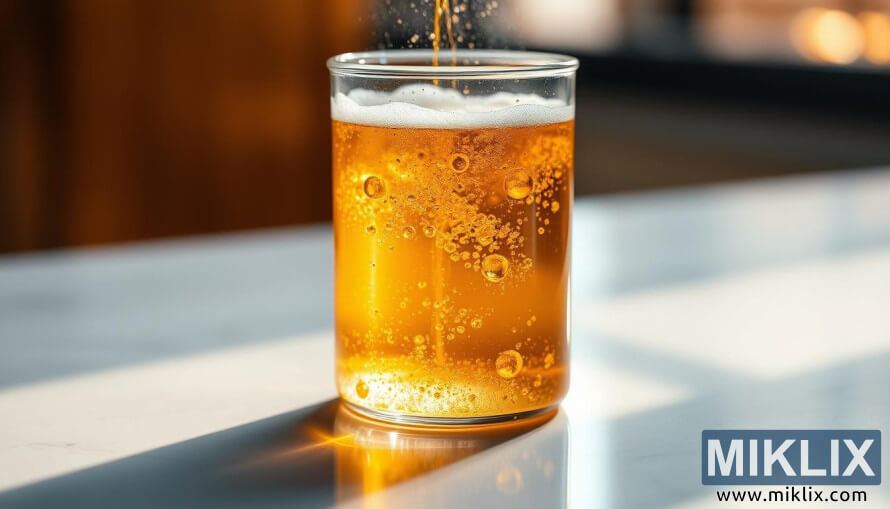 Close-up saka solusi ragi bubbling ing beaker kaca ing ndhuwur meja resik.