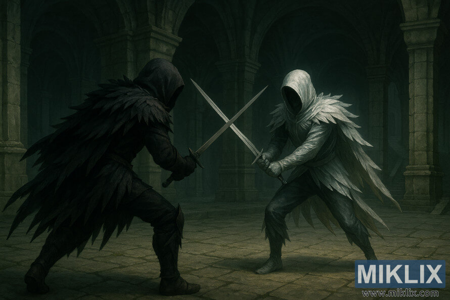 Cena semi-realista de um guerreiro vestido com a Faca Negra a duelar com um mimic prateado brilhante num antigo salÃ£o subterrÃ¢neo.