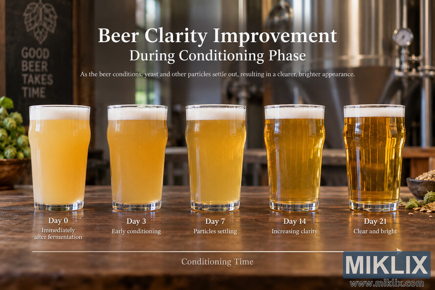 Five beer glasses progress from cloudy to clear over Day 0 to Day 21, illustrating improved clarity during conditioning in a brewery setting.