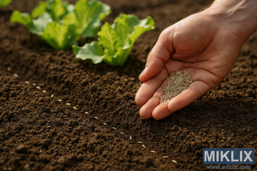 Close-up of a hand sowing lettuce seeds into tilled garden soil with young lettuce plants nearby