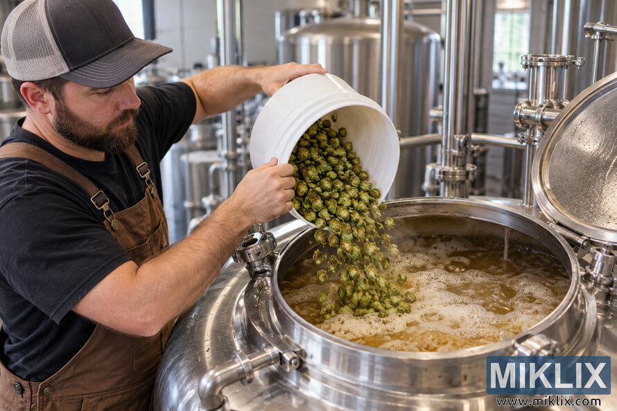 Brewer pouring green hops from a white bucket into foaming beer during active fermentation in an open stainless-steel brewery vessel. Brewer pouring green hops from a white bucket into foaming beer during active fermentation in an open stainless-steel brewery vessel.