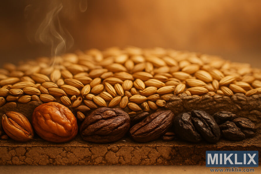 Misalin sashi na caramel, cakulan, gasasshen, da malt na musamman a cikin haske mai dumi. Misalin sashi na caramel, cakulan, gasasshen, da malt na musamman a cikin haske mai dumi.