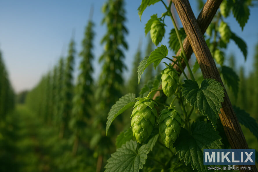 Krupni plan rosnih Å¡iÅ¡arki hmelja sorte Hersbrucker E na reÅ¡etki u osunÄanom polju hmelja.