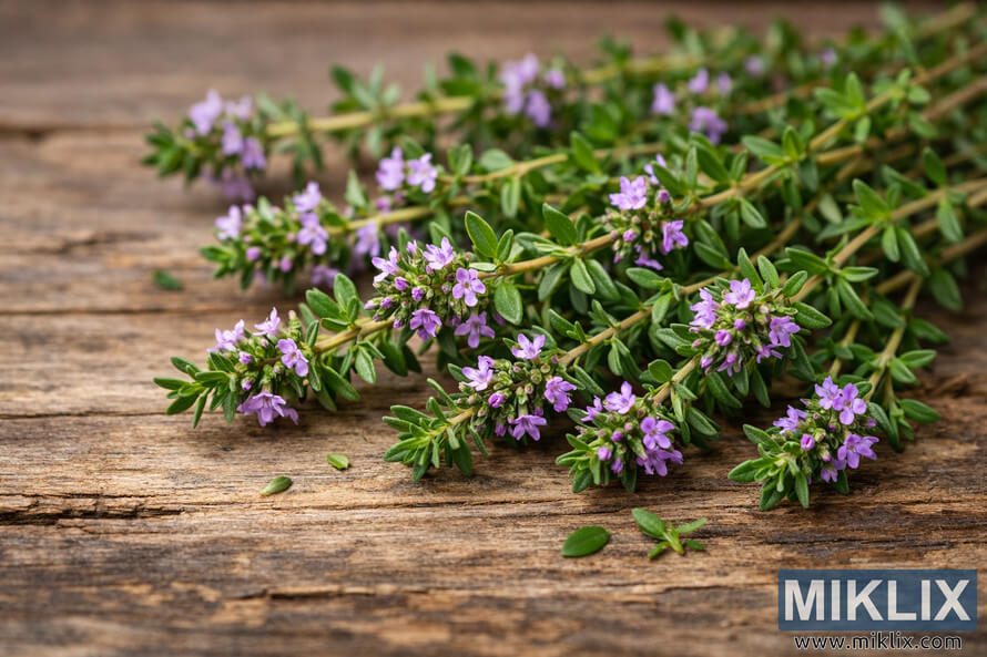 Close-up of fresh thyme sprigs with small purple flowers resting diagonally on a rustic wooden surface, showing detailed leaves and blossoms in soft natural light. Close-up of fresh thyme sprigs with small purple flowers resting diagonally on a rustic wooden surface, showing detailed leaves and blossoms in soft natural light.