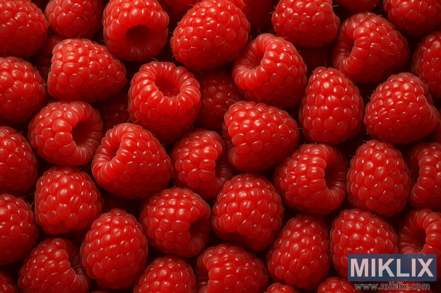 Naby-aansig van ryp, sappige frambose met ryk rooi kleure en gedetailleerde tekstuur.