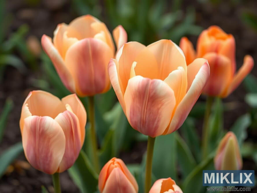 Grappe de tulipes pÃªcher douces avec des pÃ©tales en forme de coupe dans un jardin printanier serein.