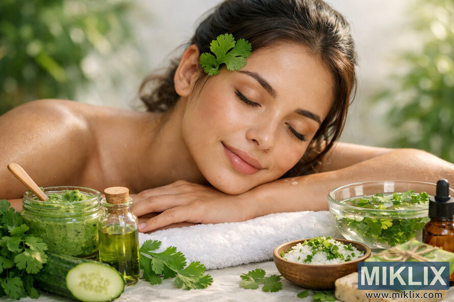 A serene woman with glowing skin rests on a white towel surrounded by cilantro leaves, cucumber slices, and herbal skincare products in a tranquil spa setting. A serene woman with glowing skin rests on a white towel surrounded by cilantro leaves, cucumber slices, and herbal skincare products in a tranquil spa setting.