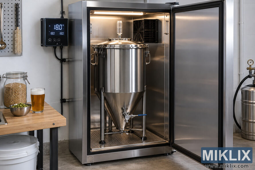 Stainless-steel conical beer fermenter inside an open temperature-controlled fermentation chamber, with a digital controller reading 18.0°C. Stainless-steel conical beer fermenter inside an open temperature-controlled fermentation chamber, with a digital controller reading 18.0°C.