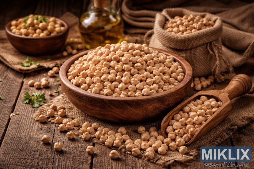 ÄiÄerika v lesenih skledah in zajemalka, razporejene na rustikalni leseni mizi z juto, peterÅ¡iljem in olivnim oljem v ozadju.