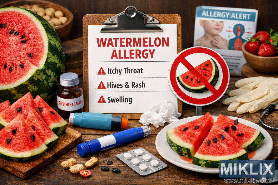 A detailed still-life photograph illustrating watermelon allergy awareness, featuring sliced watermelon, medical items like an antihistamine bottle, EpiPen, inhaler, gloves, and a clipboard labeled 'Watermelon Allergy' with symptoms listed. A detailed still-life photograph illustrating watermelon allergy awareness, featuring sliced watermelon, medical items like an antihistamine bottle, EpiPen, inhaler, gloves, and a clipboard labeled 'Watermelon Allergy' with symptoms listed.