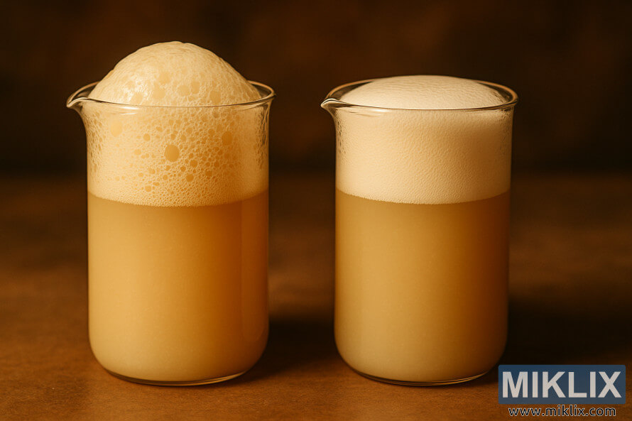 To glassbegre side om side, hvert fylt med ølgjær med ulik skumtekstur. To glassbegre side om side, hvert fylt med ølgjær med ulik skumtekstur.