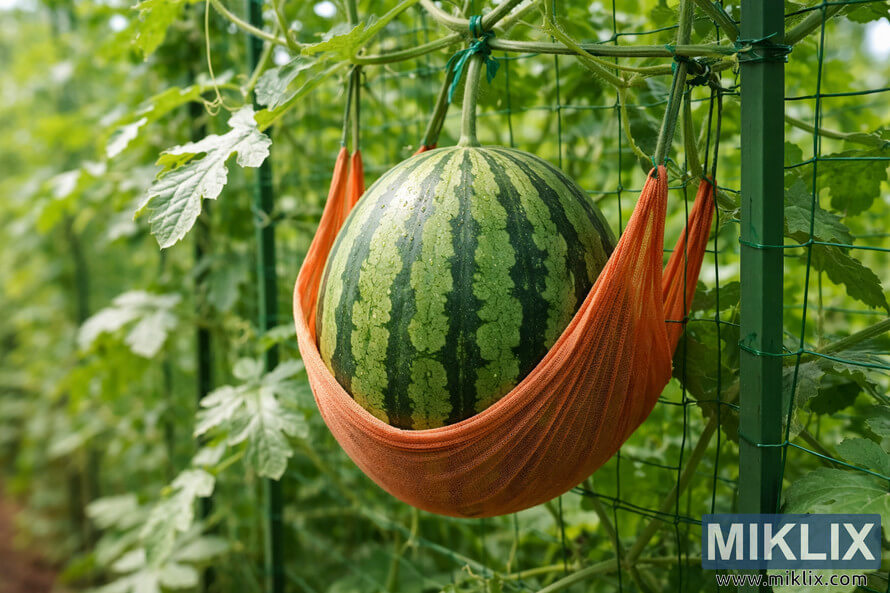Ripe watermelon hanging in an orange support sling on a garden trellis surrounded by green leaves Ripe watermelon hanging in an orange support sling on a garden trellis surrounded by green leaves