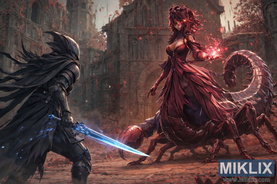 Anime-style fan art showing the Tarnished in Black Knife armor wielding a glowing blue sword while facing the towering Romina, Saint of the Bud, inside the ruined Church of the Bud.