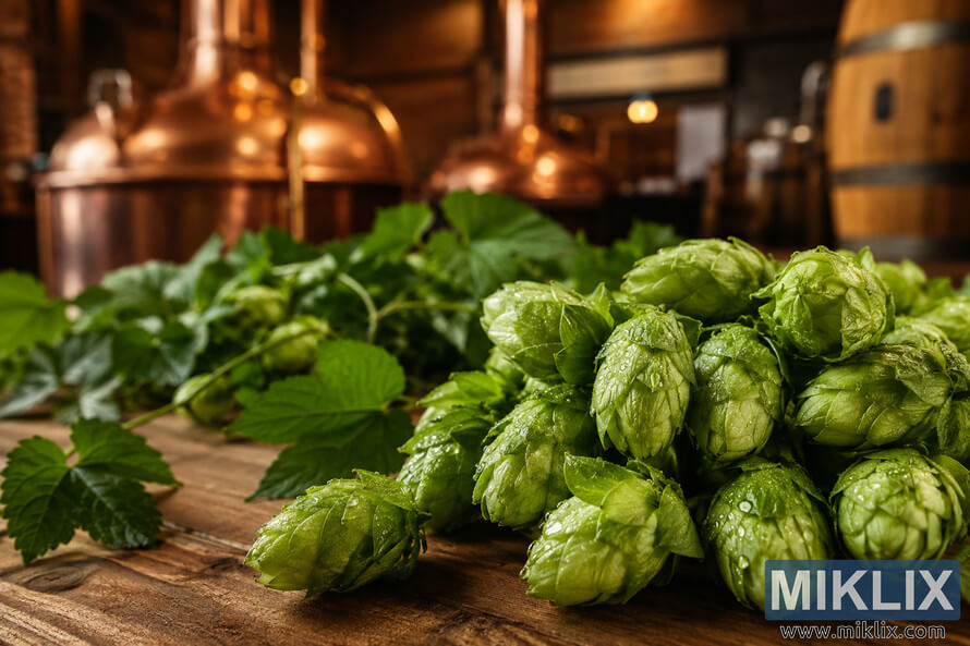 Close-up landscape photograph of freshly picked Lubelska-Pulawy hop cones covered in morning dew on a rustic wooden surface, surrounded by green hop leaves with softly blurred copper brewing kettles and wooden barrels glowing in warm ambient light. Close-up landscape photograph of freshly picked Lubelska-Pulawy hop cones covered in morning dew on a rustic wooden surface, surrounded by green hop leaves with softly blurred copper brewing kettles and wooden barrels glowing in warm ambient light.