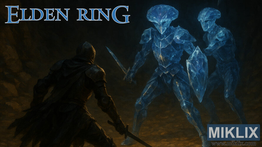 Elden Ring fan art of a Black Knife warrior battling Crystalians in Altus Tunnel Elden Ring fan art of a Black Knife warrior battling Crystalians in Altus Tunnel