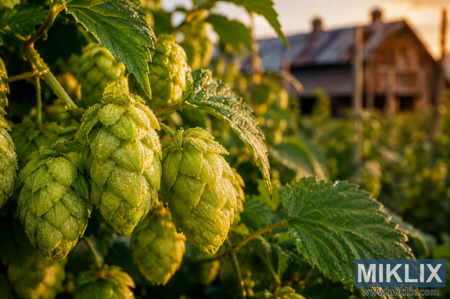 Close-up of fresh Golding hop cones covered in dew drops, illuminated by warm golden-hour light with vibrant green leaves and a softly blurred rustic farmhouse in the background. Close-up of fresh Golding hop cones covered in dew drops, illuminated by warm golden-hour light with vibrant green leaves and a softly blurred rustic farmhouse in the background.