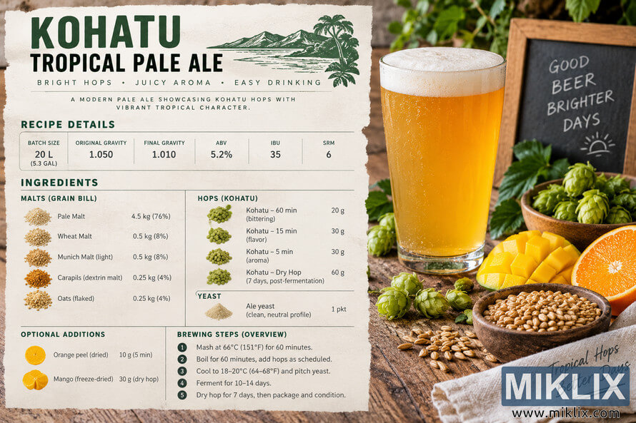 Landscape homebrewing recipe sheet for Kohatu Tropical Pale Ale beside a golden pint of pale ale, fresh hops, brewing grains, mango, orange, greenery, and a rustic chalkboard on a wooden table. Landscape homebrewing recipe sheet for Kohatu Tropical Pale Ale beside a golden pint of pale ale, fresh hops, brewing grains, mango, orange, greenery, and a rustic chalkboard on a wooden table.