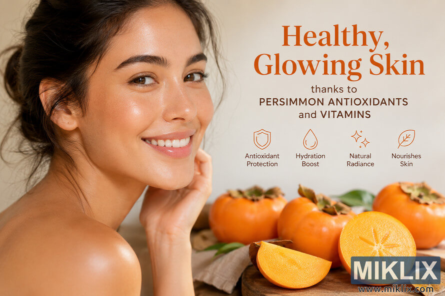 Smiling young woman with radiant glowing skin beside fresh ripe persimmons, highlighting the antioxidant and vitamin benefits of persimmon fruit for healthy skincare and natural beauty.