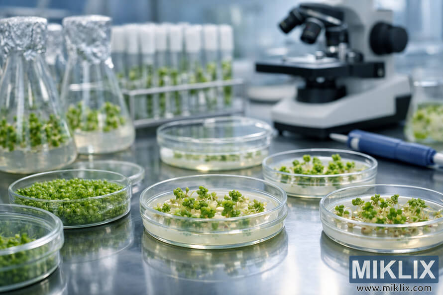 Petri dishes with green plant cell cultures on a reflective lab table surrounded by flasks, test tubes, and a microscope in a bright laboratory. Petri dishes with green plant cell cultures on a reflective lab table surrounded by flasks, test tubes, and a microscope in a bright laboratory.