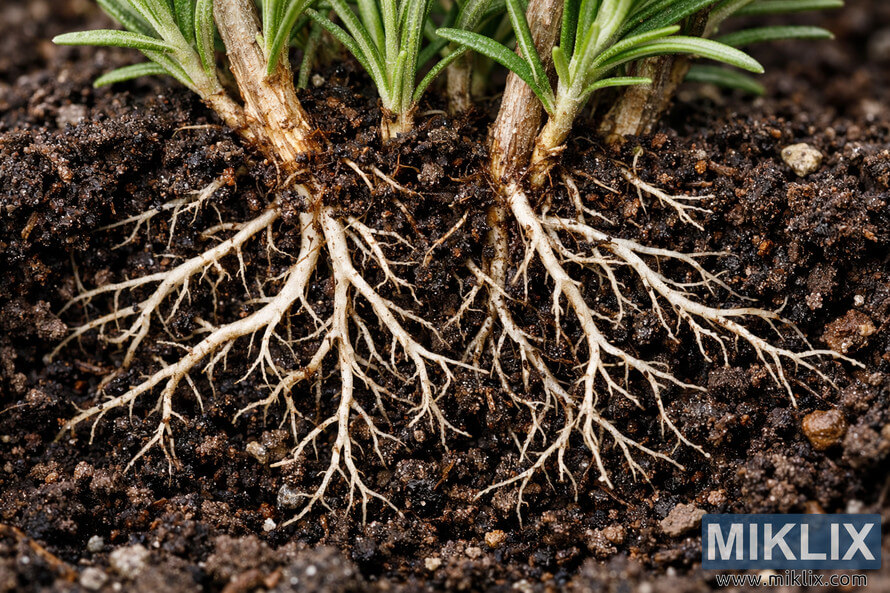 Macro close-up of healthy rosemary roots spreading through dark, well-draining soil, with woody stems and green needle-like leaves softly blurred in the background. Macro close-up of healthy rosemary roots spreading through dark, well-draining soil, with woody stems and green needle-like leaves softly blurred in the background.