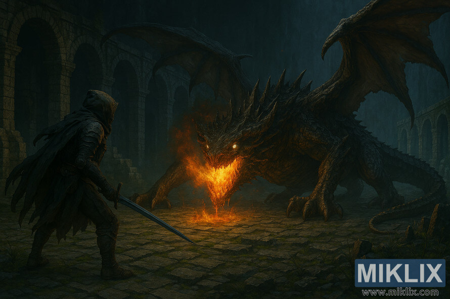 HÃ¬nh áº£nh nghá» thuáº­t giáº£ tÆ°á»ng chÃ¢n thá»±c vá» Tarnished trong bá» giÃ¡p Black Knife Äá»i Äáº§u vá»i Magma Wyrm Makar trong má»t hang Äá»ng Äá» nÃ¡t.