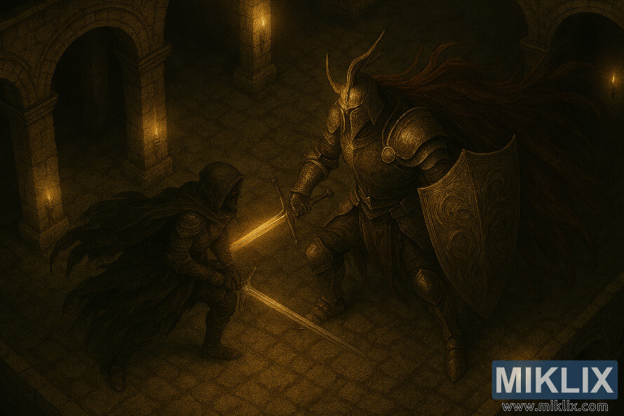 Seni peminat realistik dari Pertarungan Crucible Knight Ordovis yang Tercemar di Kubur Pahlawan Auriza Elden Ring.