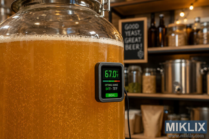 Close-up of a glass fermentation vessel filled with hazy golden ale and rising bubbles, featuring a digital thermometer showing optimal brewing temperature in a warm homebrew setup. Close-up of a glass fermentation vessel filled with hazy golden ale and rising bubbles, featuring a digital thermometer showing optimal brewing temperature in a warm homebrew setup.