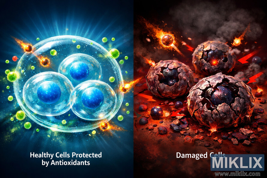 A high-resolution scientific illustration showing healthy cells protected by antioxidants on the left and damaged cells on the right, divided by a central boundary of light and color contrast. A high-resolution scientific illustration showing healthy cells protected by antioxidants on the left and damaged cells on the right, divided by a central boundary of light and color contrast.