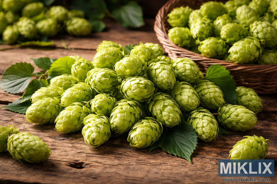 Fresh green Orion hop cones arranged on a rustic wooden table with leaves and a wicker basket in soft natural light.