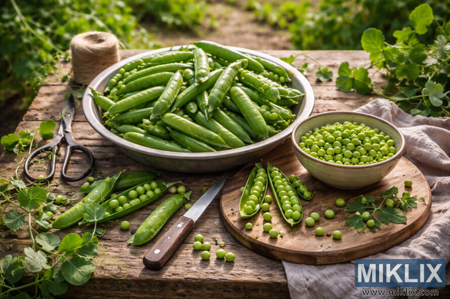 Freshly harvested green peas and pea pods being shelled on a rustic wooden table with garden tools and bowls in natural light. Freshly harvested green peas and pea pods being shelled on a rustic wooden table with garden tools and bowls in natural light.