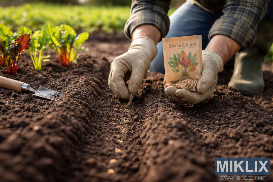 Gardener planting Swiss chard seeds in a freshly prepared garden bed during spring