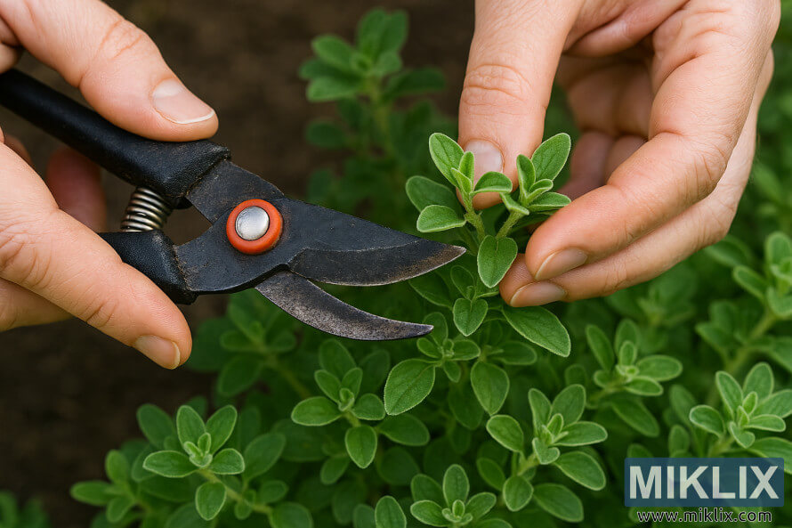 Gros plan de mains taillant une plante de marjolaine avec des cisailles de jardin
