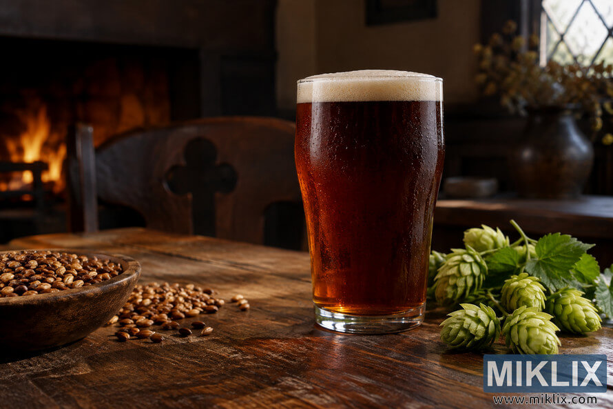 Landscape still life of a deep amber-brown English ale with a creamy tan head on a rustic wooden table, surrounded by fresh green hop cones and roasted malt, with a glowing fireplace and traditional tavern interior softly blurred in the background.