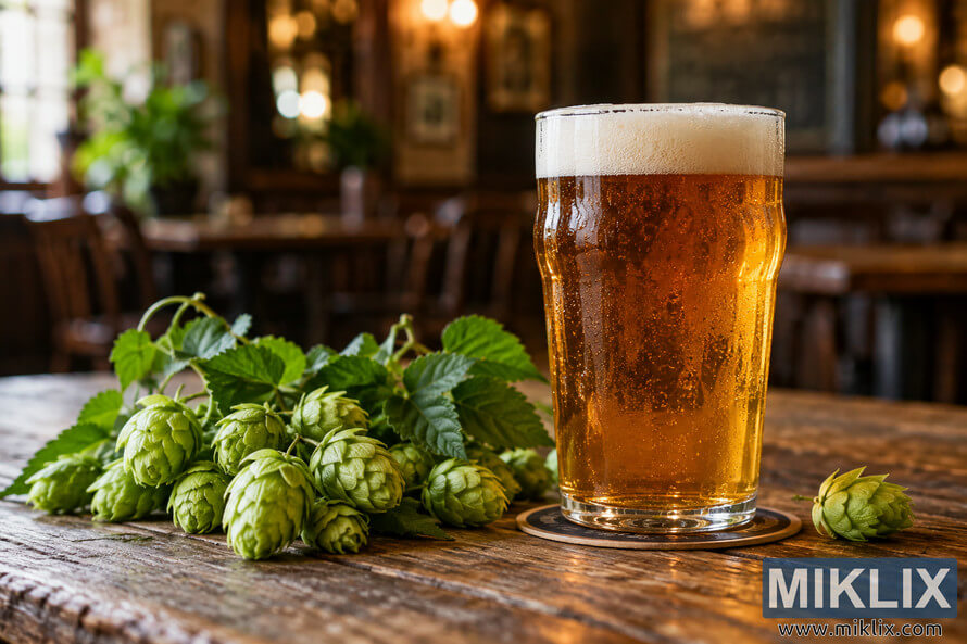 Landscape photograph of an unbranded traditional pub glass filled with clear amber English Pale Ale and topped with creamy foam, beside fresh green Defender hop cones and leaves on a weathered wooden table in a warmly lit, softly blurred pub interior. Landscape photograph of an unbranded traditional pub glass filled with clear amber English Pale Ale and topped with creamy foam, beside fresh green Defender hop cones and leaves on a weathered wooden table in a warmly lit, softly blurred pub interior.