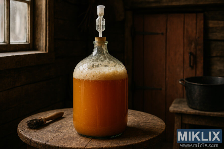 NjÃ« kazan qelqi i mbushur me birrÃ« fshatare portokalli tÃ« artÃ« qÃ« po fermentohet mbi njÃ« tavolinÃ« druri nÃ« njÃ« dhomÃ« rustike norvegjeze me dritÃ« tÃ« ngrohtÃ« dhe mure druri.