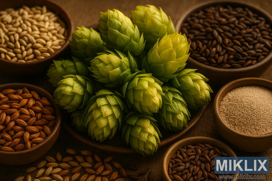 Aranžman mrtve prirode sa svežim zelenim Rivaka hmeljnim ÄeÅ¡erima okruženim posudama bledih, karamelnih i peÄenih sladova, zajedno sa posudom kvasca na povrÅ¡ini vreÄe pod toplim osvetljenjem. Aranžman mrtve prirode sa svežim zelenim Rivaka hmeljnim ÄeÅ¡erima okruženim posudama bledih, karamelnih i peÄenih sladova, zajedno sa posudom kvasca na povrÅ¡ini vreÄe pod toplim osvetljenjem.