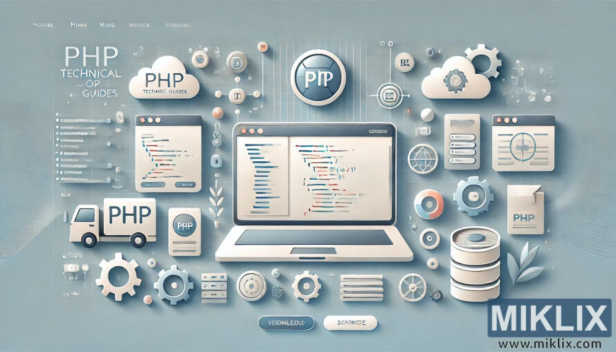 Laptop with PHP code, gears, databases, and cloud icons symbolizing PHP development and backend programming. Laptop with PHP code, gears, databases, and cloud icons symbolizing PHP development and backend programming.