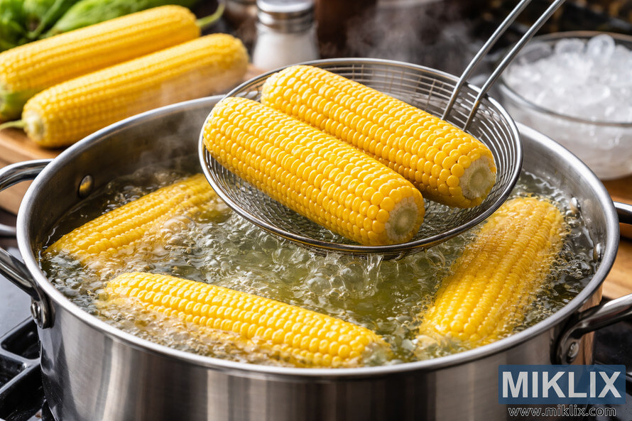 Fresh corn on the cob being blanched in a pot of boiling water with a wire basket lifting two ears out while steam rises in a home kitchen.