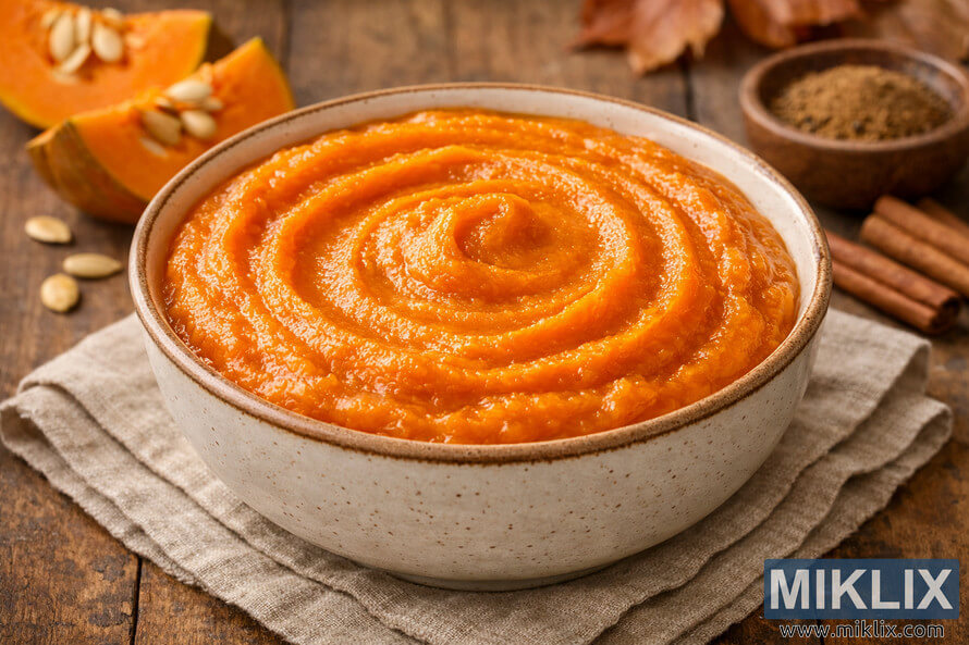 A rustic ceramic bowl filled with smooth, creamy pumpkin puree sits on a folded beige linen cloth atop a wooden surface. The puree is a vibrant orange color with a glossy sheen and a gentle spiral pattern on its surface. In the softly blurred background, fresh pumpkin wedges with visible seeds, scattered pumpkin seeds, a small wooden bowl of spices, cinnamon sticks, and dried autumn leaves create a warm, seasonal atmosphere.